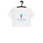 white crop top female with german phrase translated to English from German Erste Sahne First Cream