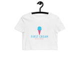 white crop top female with german phrase translated to English from German Erste Sahne First Cream