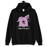 schwarzer hoodie mit deutscher übersetzung von ich glaube mein schwein pfeift ins englische I think my pig whistles